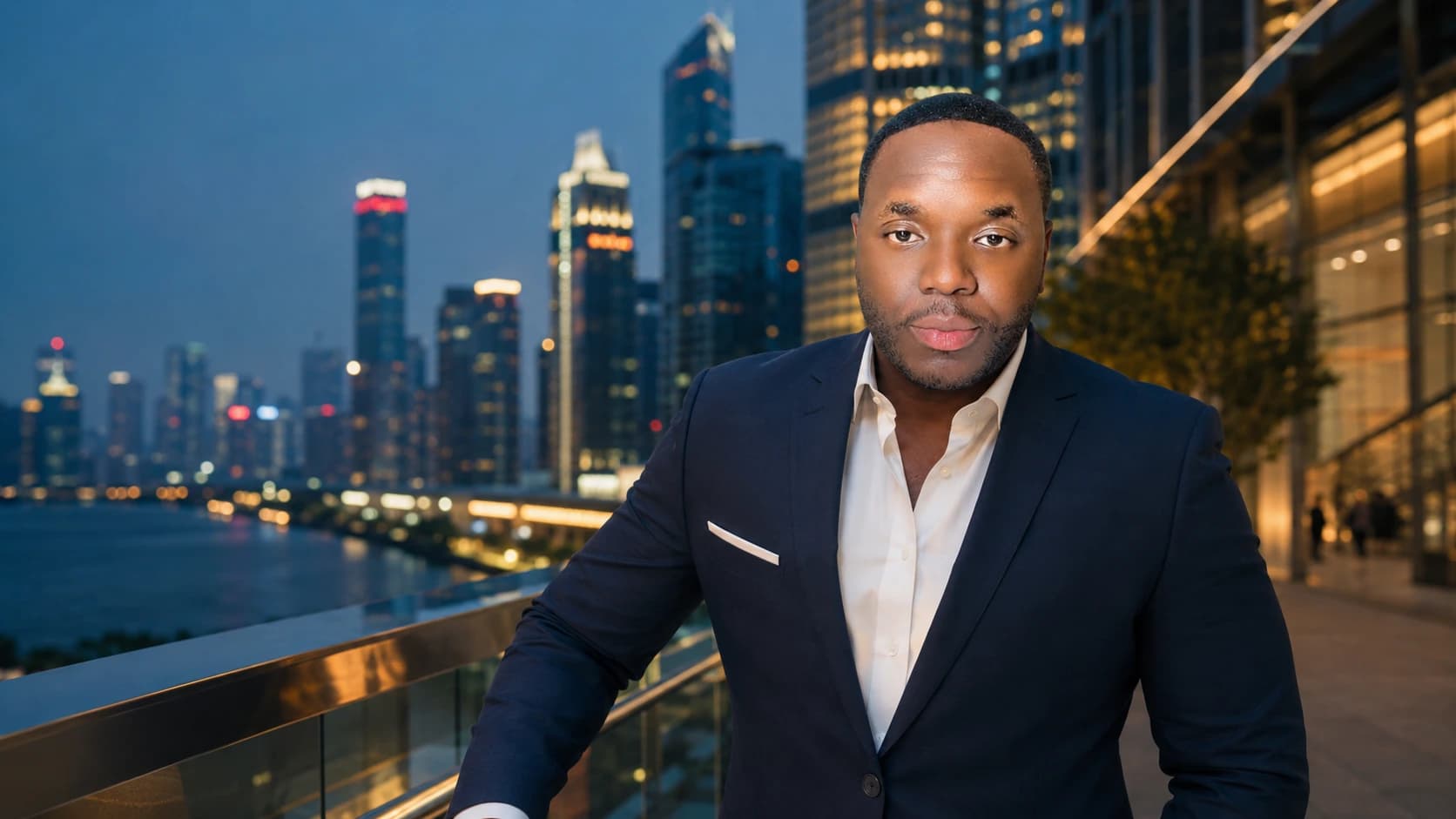 Professionnel africain devant la skyline d'une métropole chinoise, le soir.