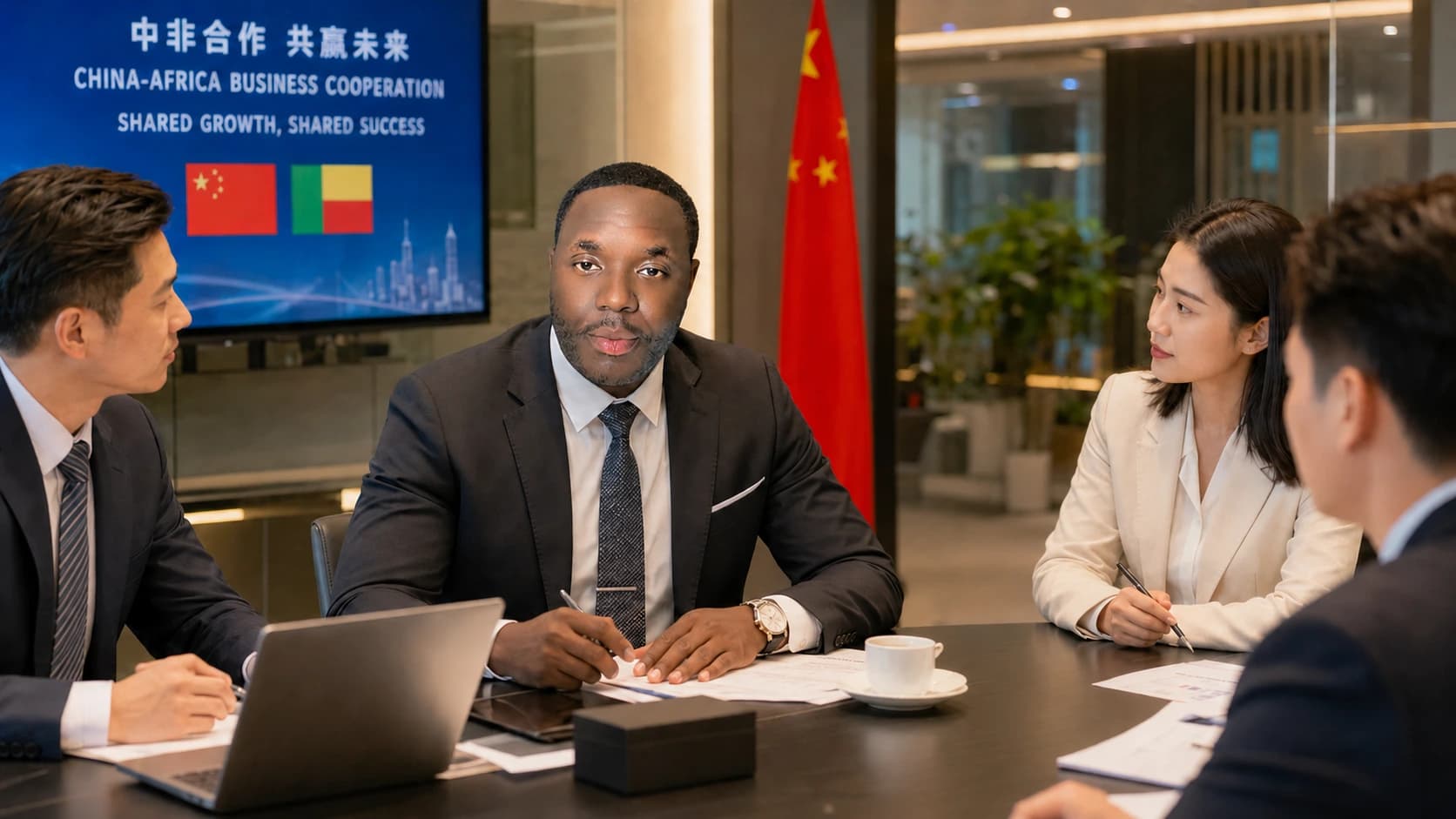 Réunion d'affaires sino-africaine autour d'une table.