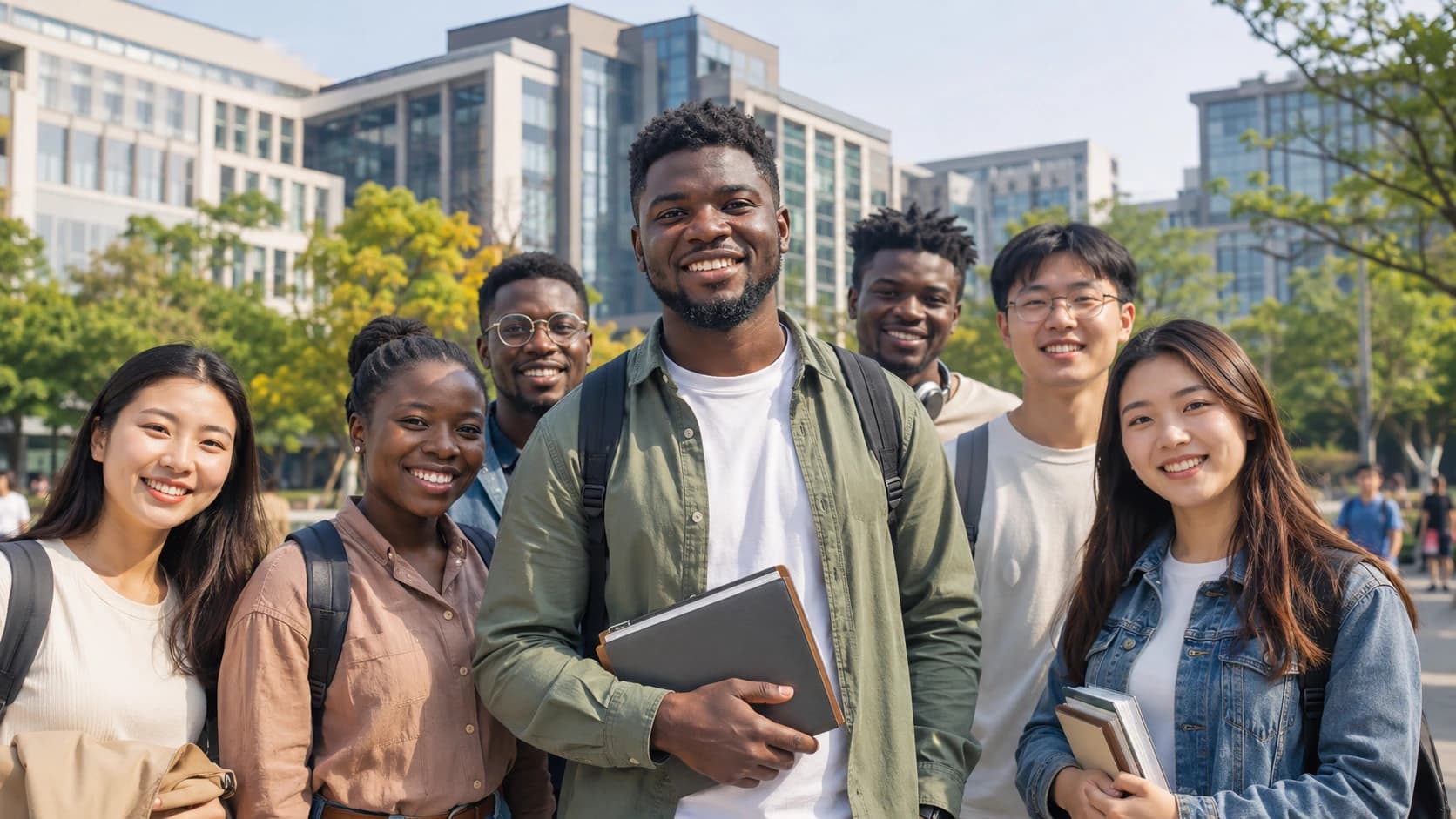 Étudiants internationaux souriants sur un campus universitaire.